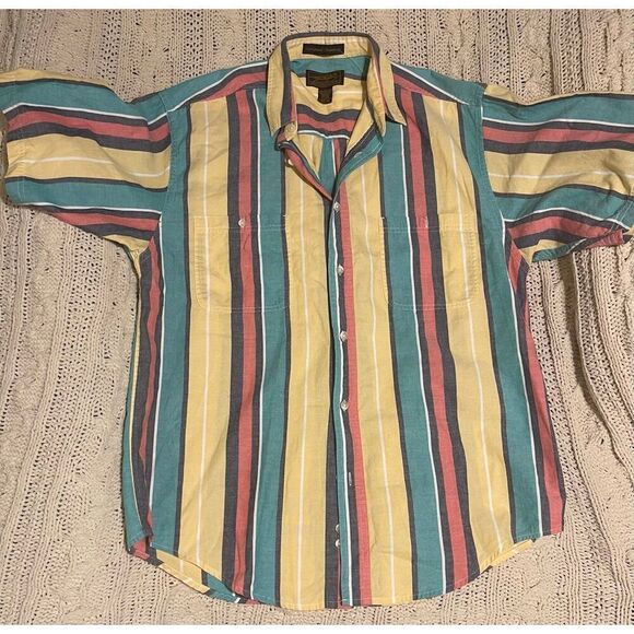 VTG 90’s Eddie Bauer Northwest Chambray Bold Striped Short Sleeve Button Down Co - Picture 1 of 8